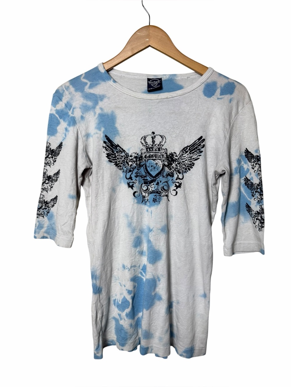 Y2K Sledge USA Blue Tie Dye Tattoo Graphic 3/4 Sleeve Top XL